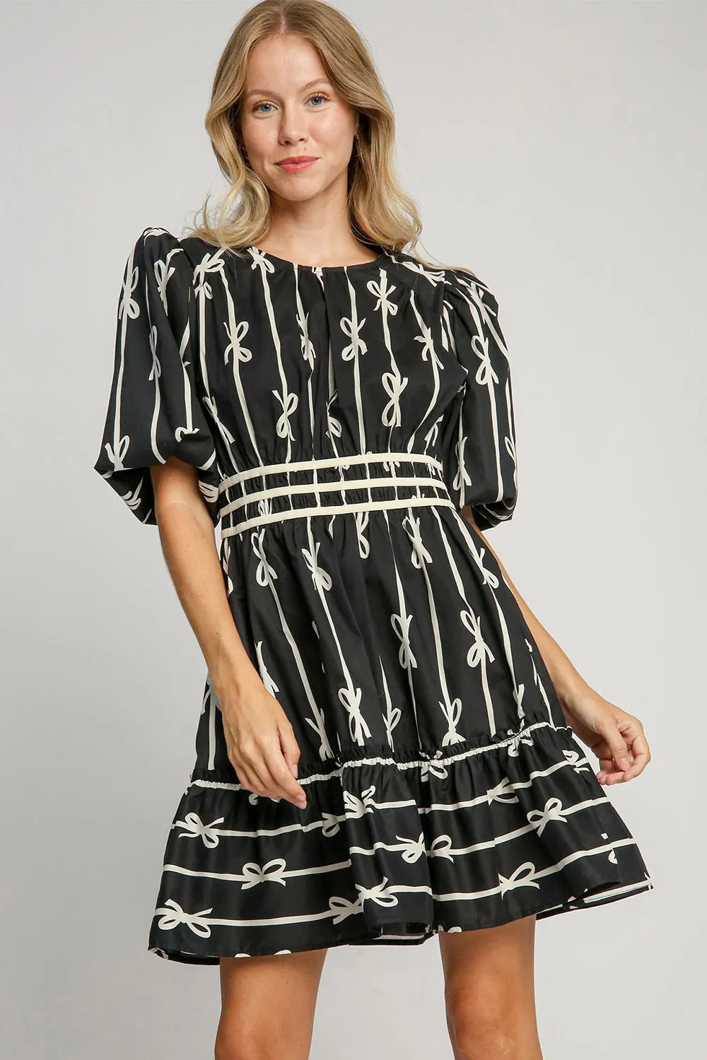 Explore More Collection -  Umgee Ribbon Print Frill Contrast Velvet Trim Half Sleeve Dress